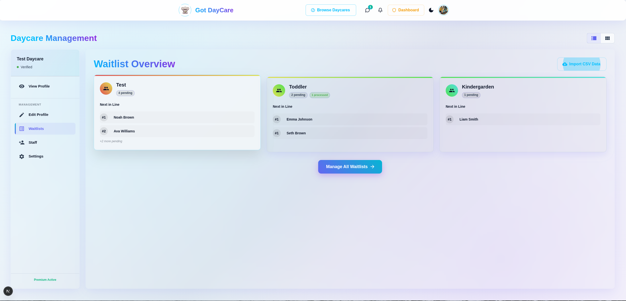 Got Daycare waitlist overview showing a list of applicants with status, age group, and priority score