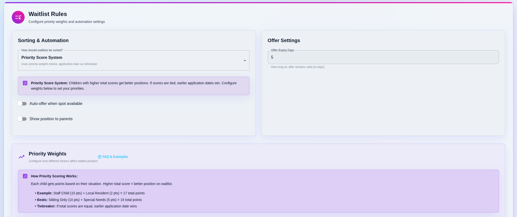 Waitlist priority rule editor showing configurable weights for sibling, staff, returning family, and other priority factors